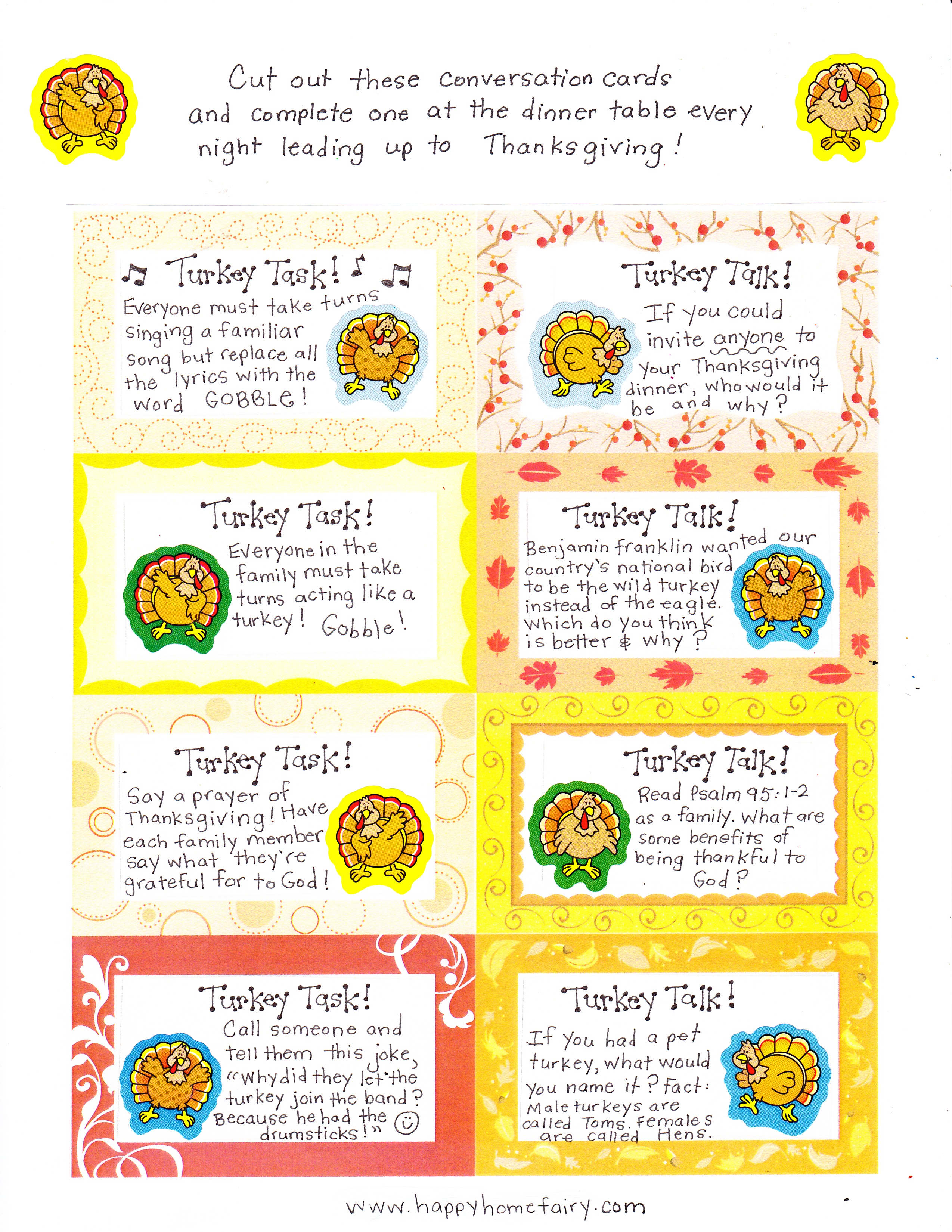 Thanksgiving Conversation Cards FREE Printables! Happy Home Fairy